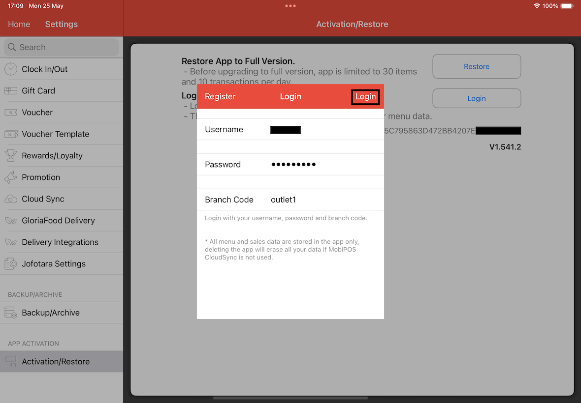 activation or restore login button