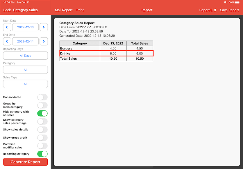 mobipos category sales report drinks only