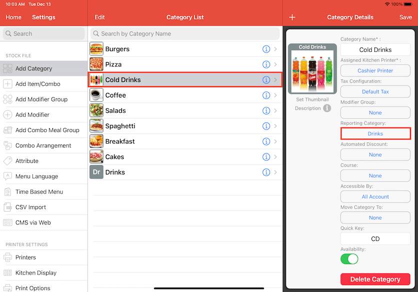 mobipos cold drinks example reporting category