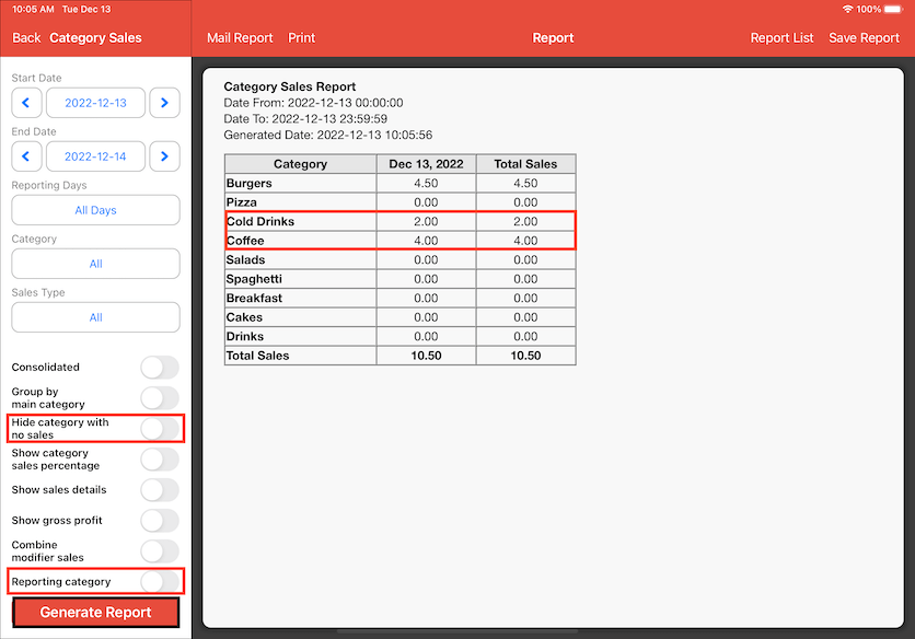 mobipos turn on hide and reporting category