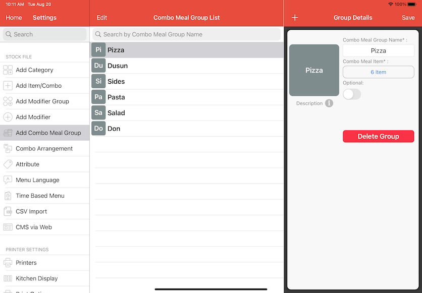 pos system combo meal group list