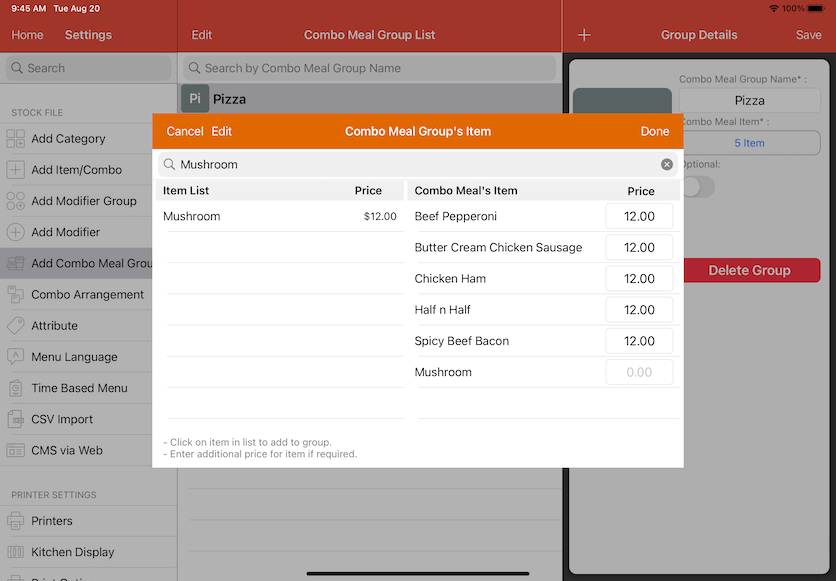 pos system combo meal item added