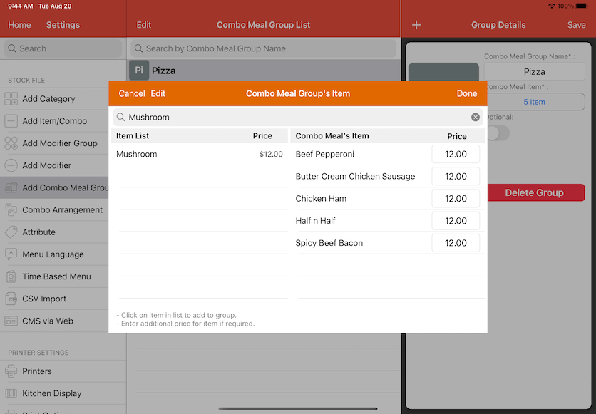 pos system combo meal item selection