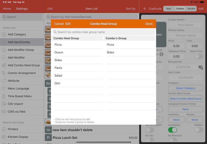 pos system combo group selection