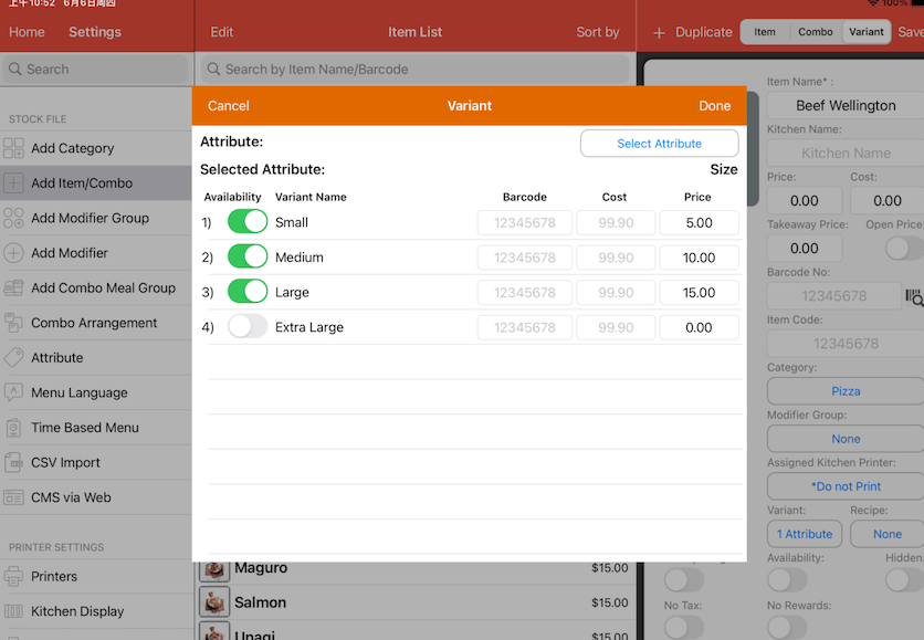 pos system variant pricing settings