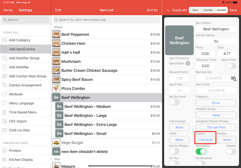 pos system variant settings