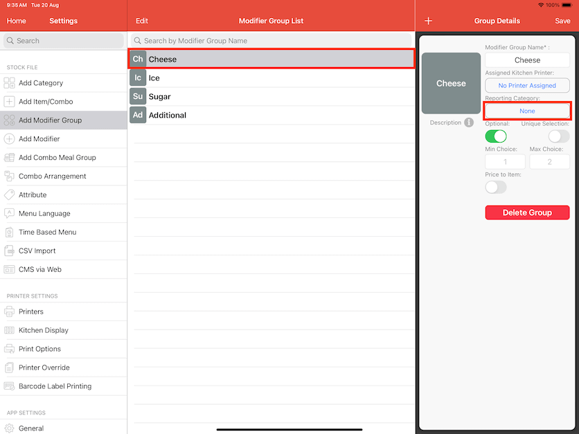 mobipos modifier group list select