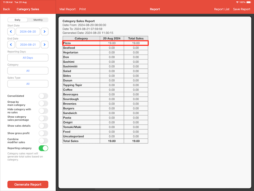 mobipos modifier report sorted