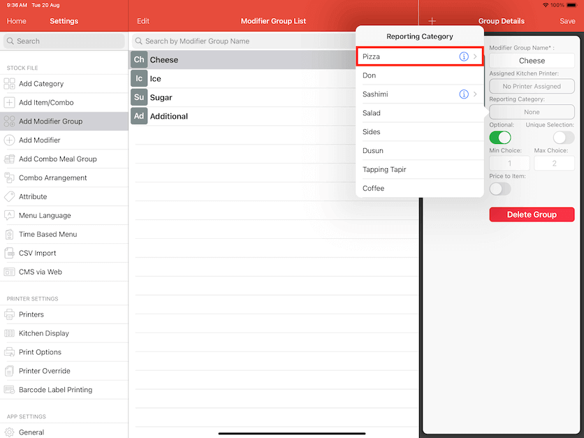 mobipos modifier group select reporting category