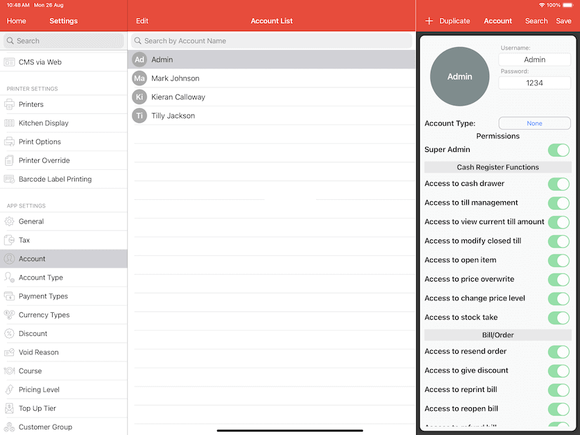 pos system user account privilege