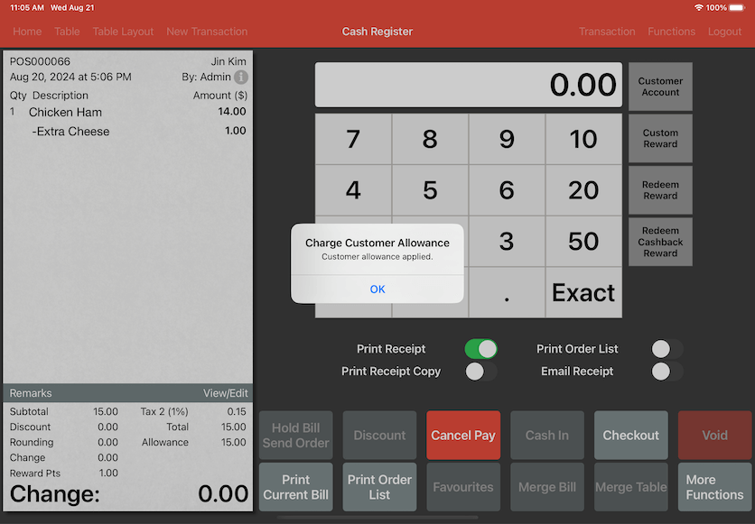 pos system customer allowance applied