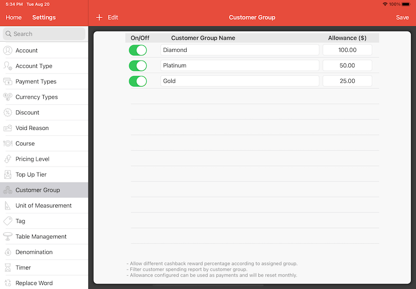 pos system customer allowance group name