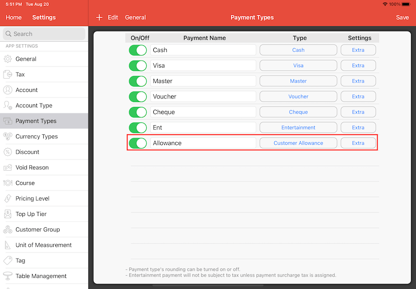 pos system customer allowance payment method