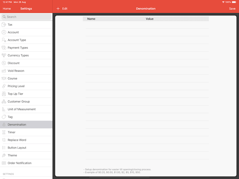 pos system denomination settings