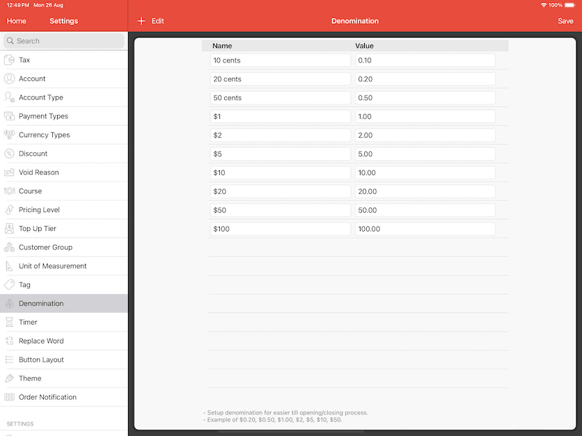 pos system denomination set up settings