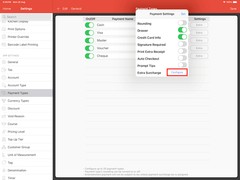 pos system tax payment surcharge settings configure