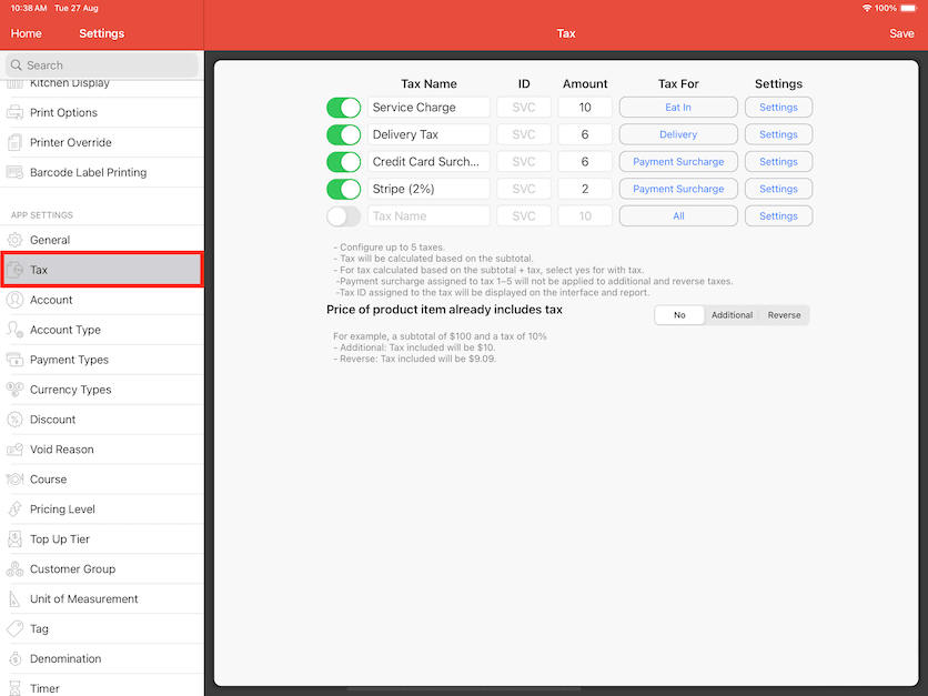 mobipos tax online payment surcharge setting