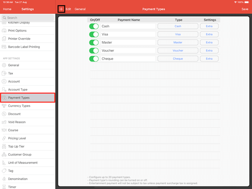 mobipos tax online payment surcharge types settings