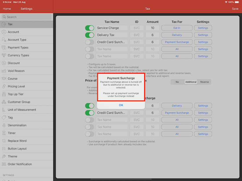 mobipos tax payment surcharge is turned off