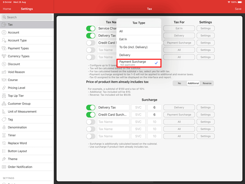 mobipos tax payment surcharge is turned off
