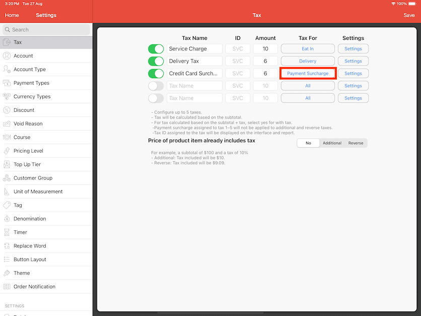 pos system tax type settings