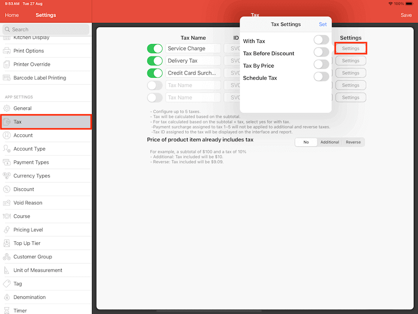 pos system tax general settings