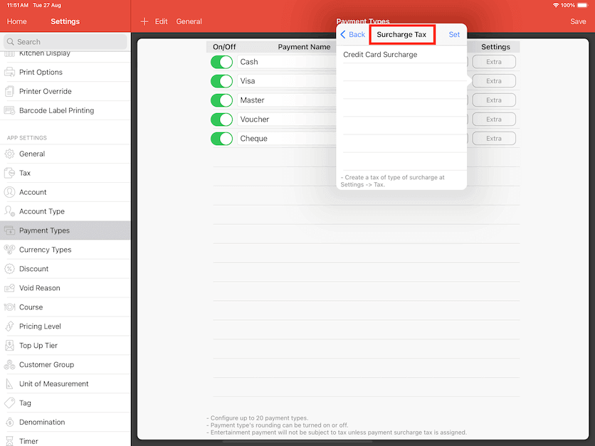 pos system tax payment surcharge settings