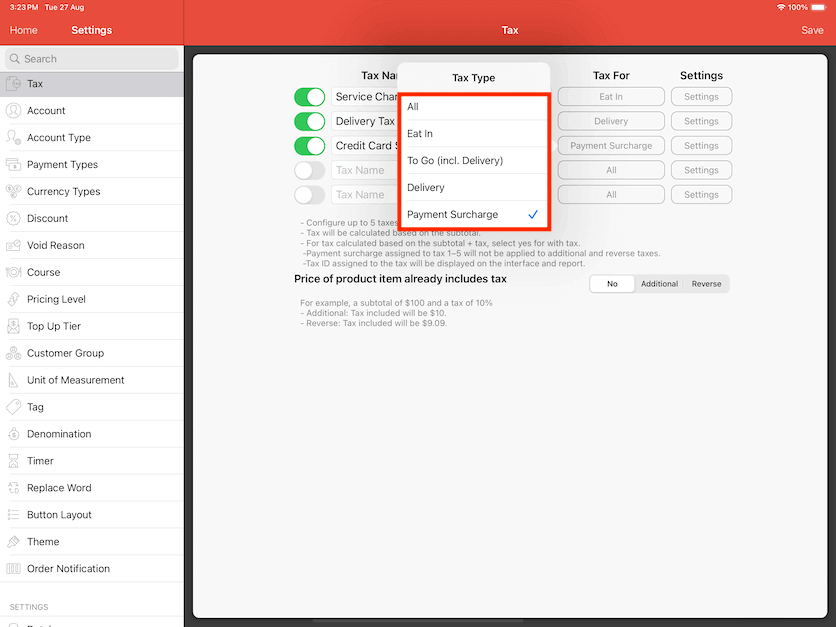 pos system tax type settings