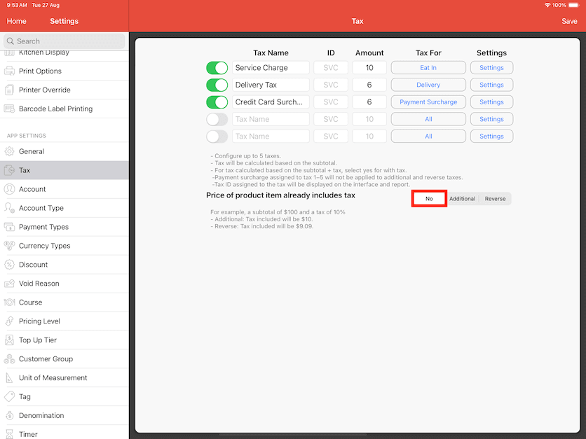 pos system tax exclusive settings