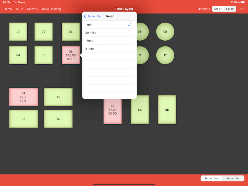 pos system table info timer settings