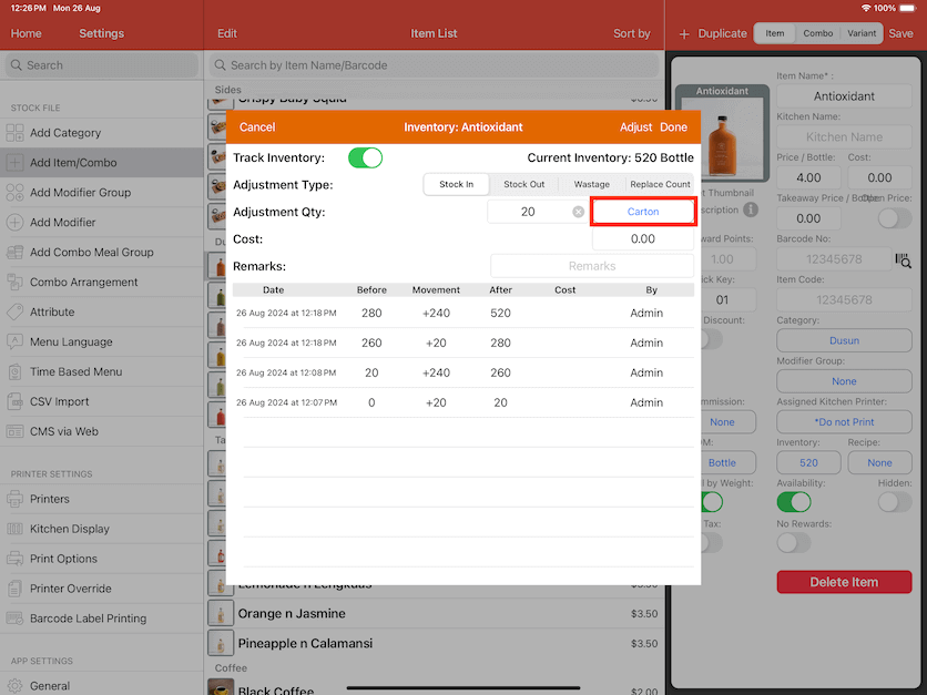 mobipos stock in out conversion