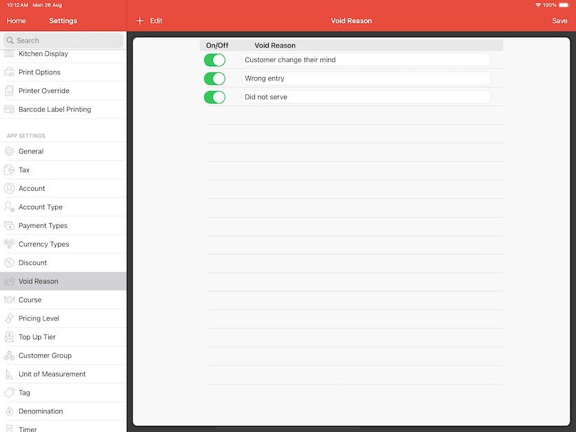 pos system void reason setup