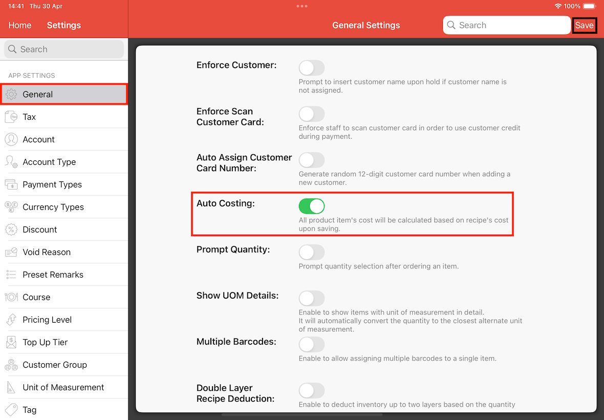 auto costing button