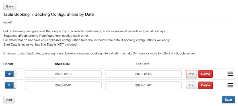 booking config by date info