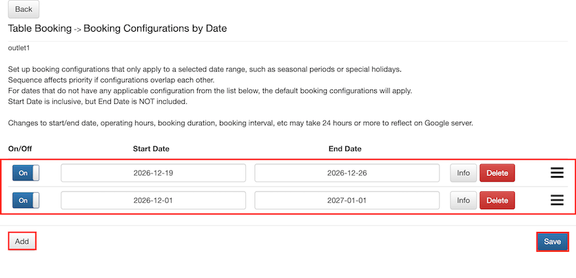 booking config by date