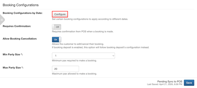 booking configurations