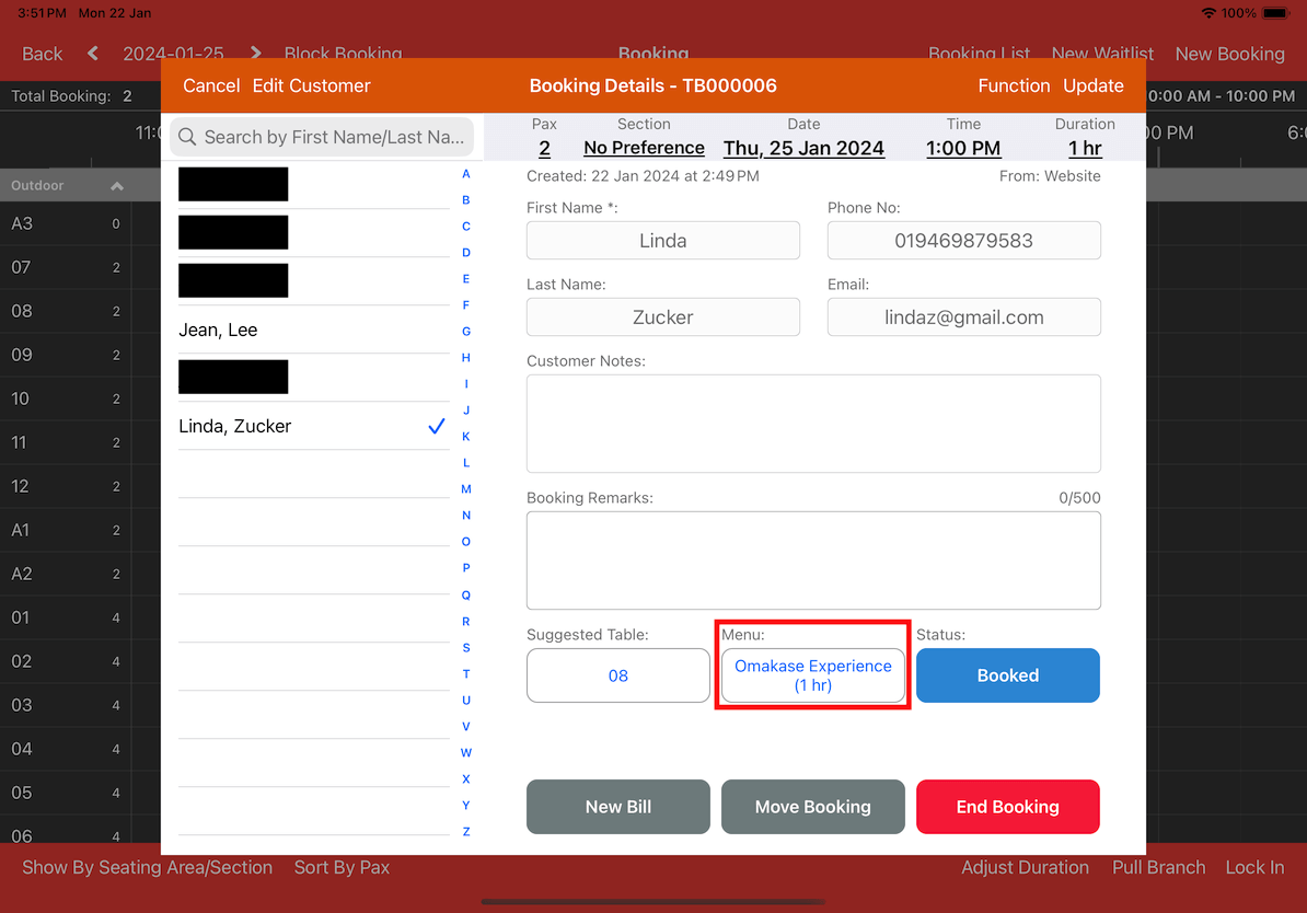 mobi-pos example of booking details