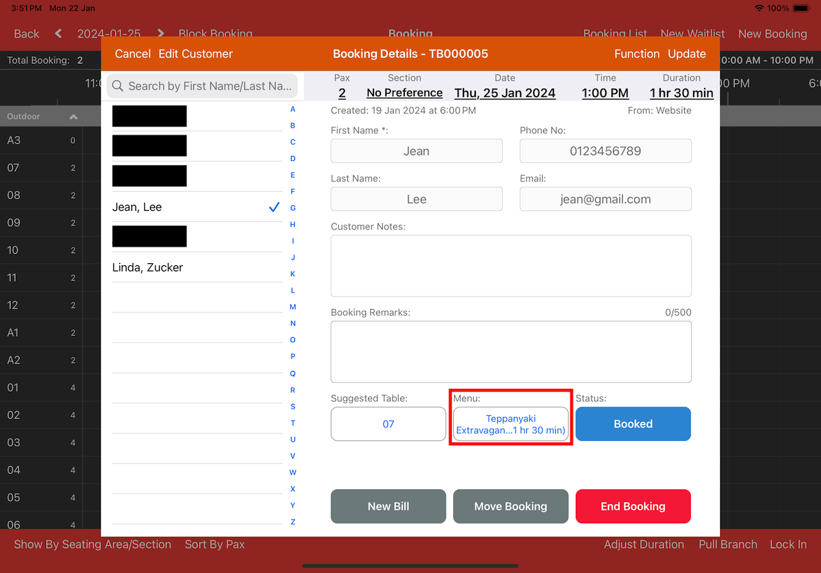 mobi-pos example of booking details