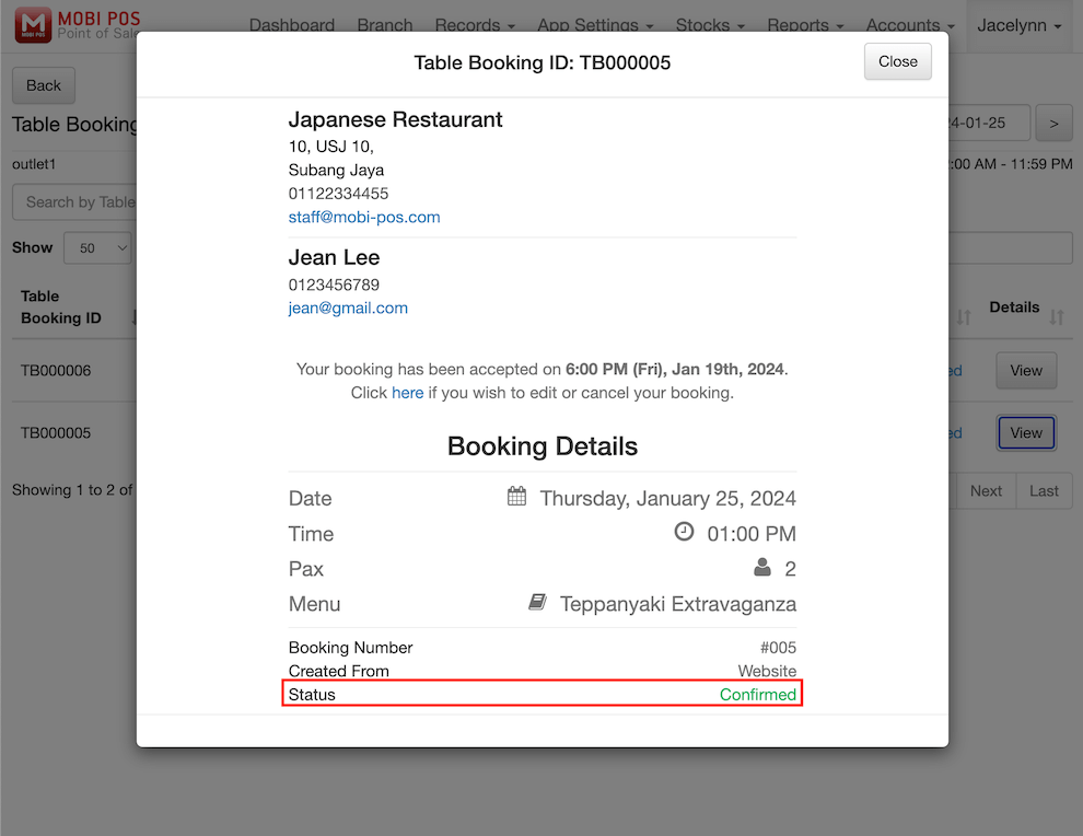 mobi-pos bookings confirmation