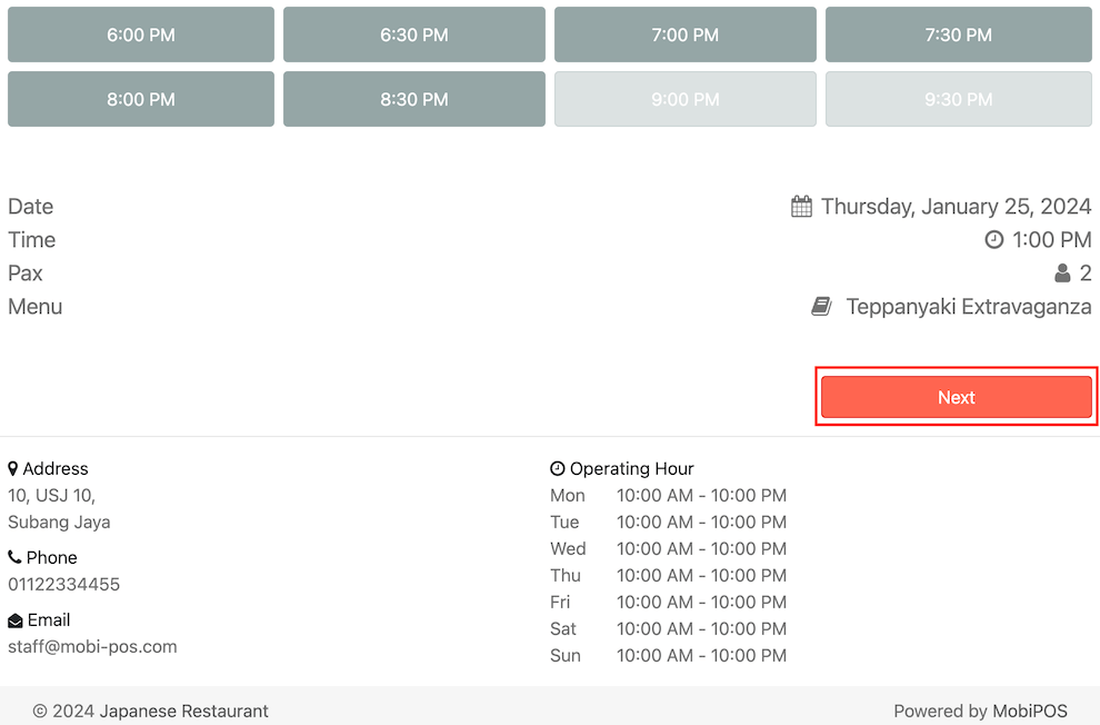 mobi-pos click next on booking page