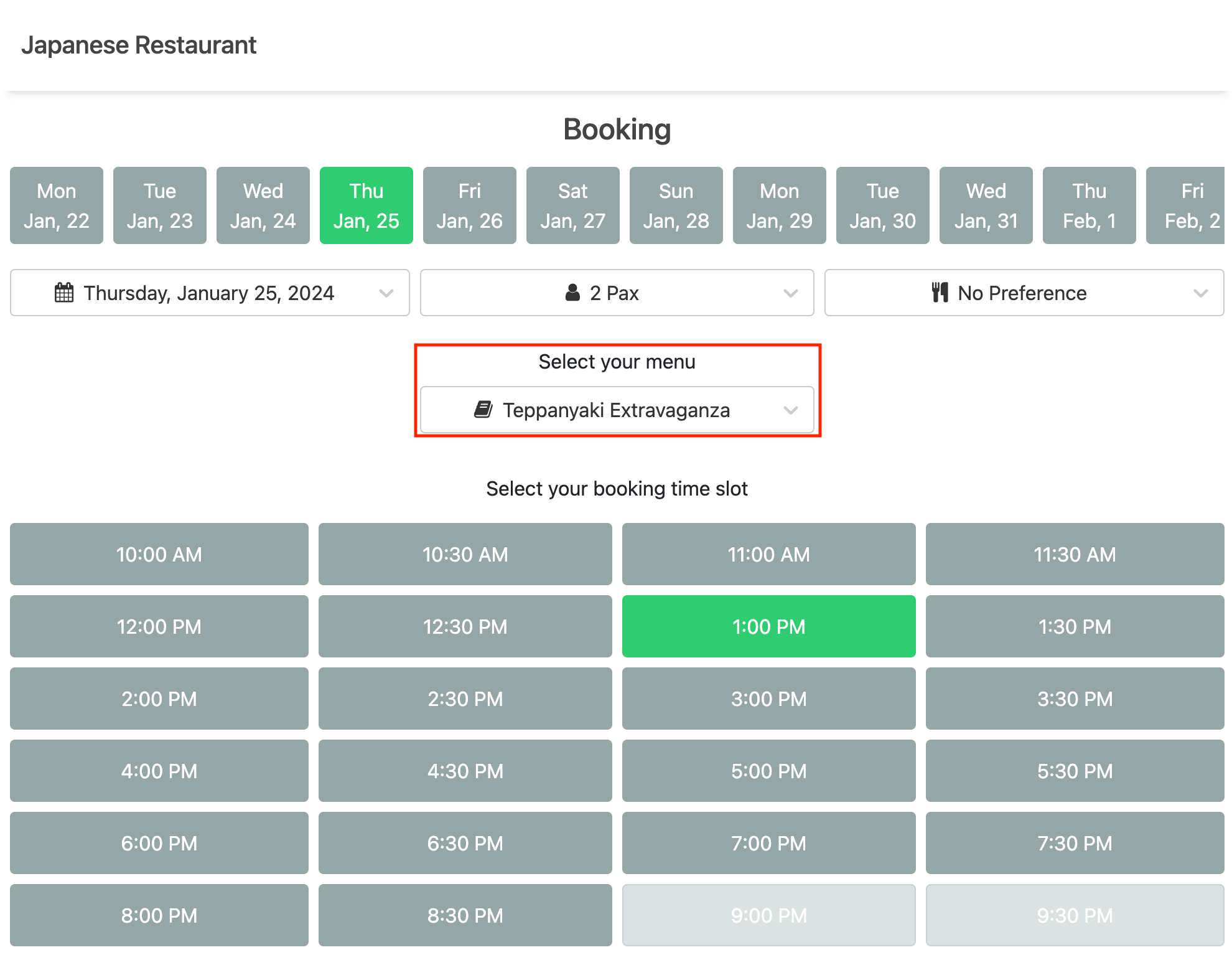 mobi-pos selected menu from booking