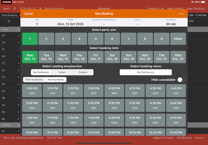 mobipos before booking passed time slot