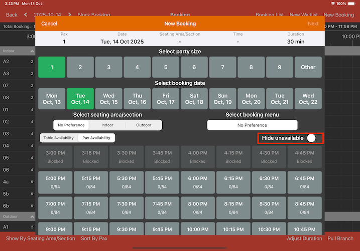 mobipos before table hide unavailable