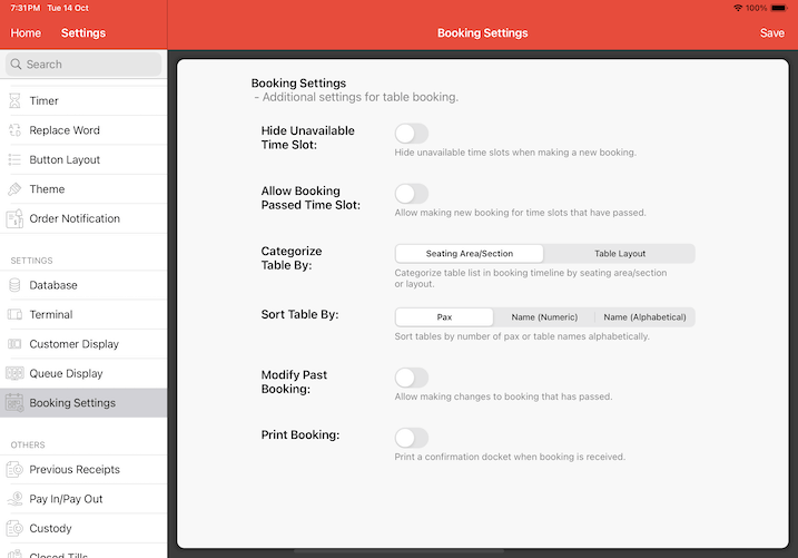 mobipos ipad booking setting