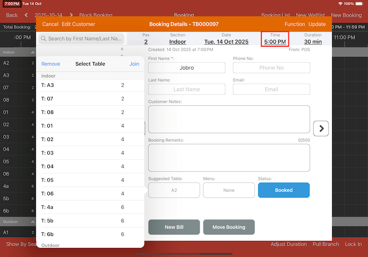 mobipos ipad can modify past booking