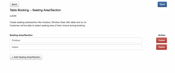 setup booking seating area or section