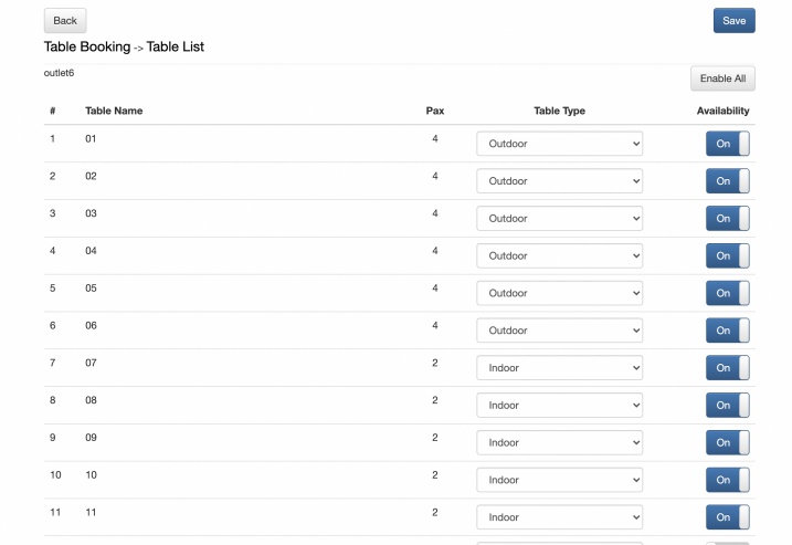 online booking table availability settings