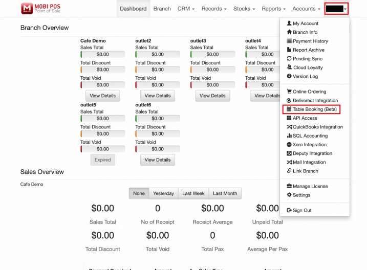 online booking settings dropdown navigation