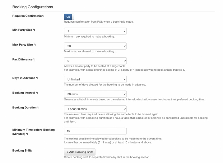 online booking configuration settings