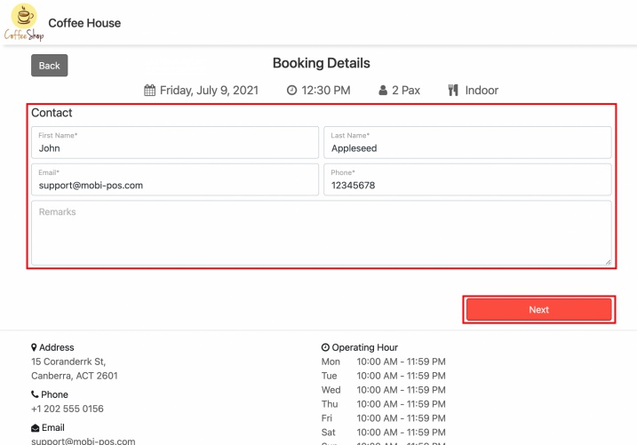 online booking customer details remarks